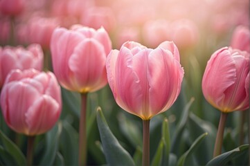 Naklejka premium Solitary Pink Tulip in Soft Focus, Radiating Tranquility and Floral Beauty