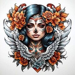 full color girl tattoo with skull and wing illustration chicano