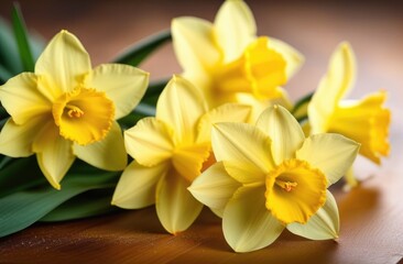 Fototapeta na wymiar St. Davids Day, International Womens Day, Mothers Day, bouquet of yellow daffodils, spring flowers, wooden table