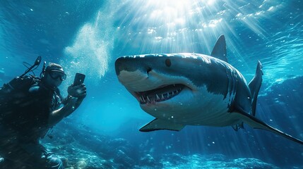 Fototapeta premium Man taking a selfie with a shark. Copy space for text. image of people and animal.