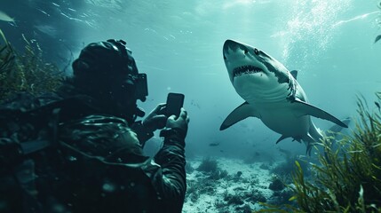Fototapeta na wymiar Man taking a selfie with a shark. Copy space for text. image of people and animal.