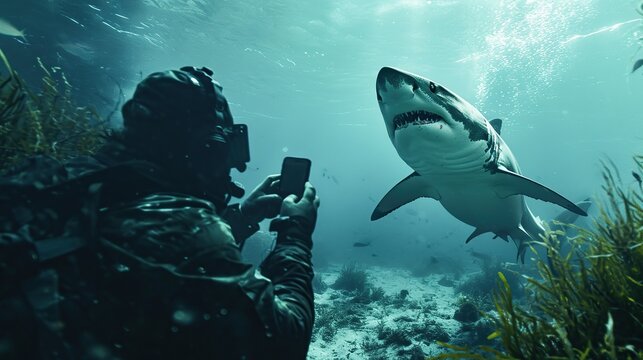 Man taking a selfie with a shark. Copy space for text. image of people and animal.