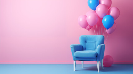 a blue chair near blue balloons hanging above pink walls