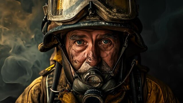 A portrait of a seasoned firefighter, with years of experience and bravery etched into the lines on their face, donning the smokediving helmet for another mission.