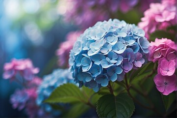 Solitary colorful Hydrangea blossoms in Soft Focus, Radiating Tranquility and Floral Beauty