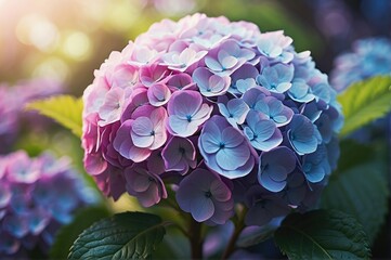 Solitary colorful Hydrangea blossoms in Soft Focus, Radiating Tranquility and Floral Beauty