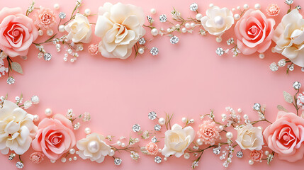 Seamless Wedding floral frame or border with elegant flowers and beads, copy space, generative ai