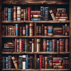 Naklejka premium Old shabby books on a table on a wooden background with various accessories, Dark Academia Bookshelves Backgrounds