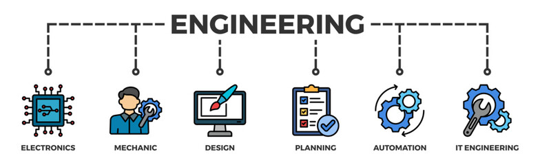 Engineering banner web icon vector illustration concept with icon of electronics, mechanic, design, planning, automation and it engineering