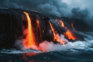 Active lava flow volcanic eruption magma touching the ocean