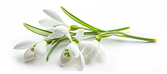 Beautiful snowdrops flower blossom isolated on white background. Spring nature. Greeting card template.