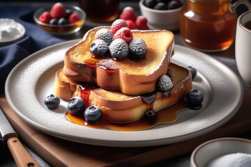 French toast with fresh berries, honey and coffee on a black background