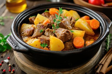 Meat stewed with potatoes, carrots and spices in pot on wooden background