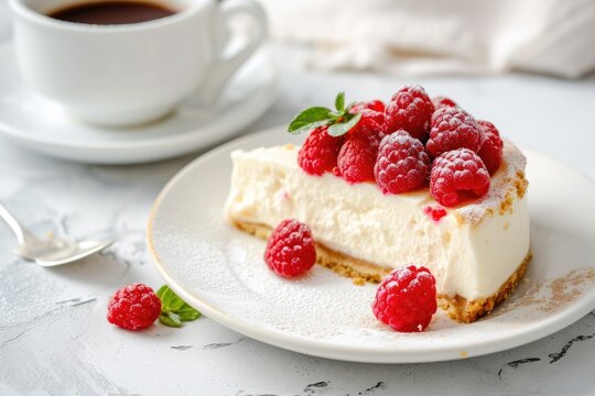 Cheesecake slice with raspberries on white plate with a cup of coffee. Generative AI