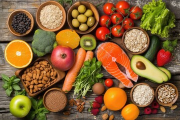 Variety of healthy foods spread out on a wooden surface.