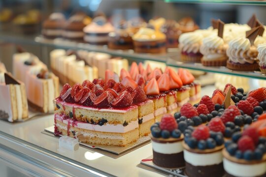 Small cakes on display at the patisserie counter.