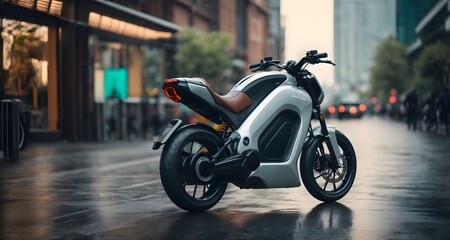 Modern urban scooter in the city. Side view. 3d rendering.