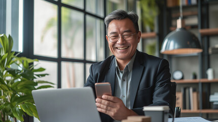 Senior middle aged Asian businessman manager ceo using smartphone and laptop in office working online