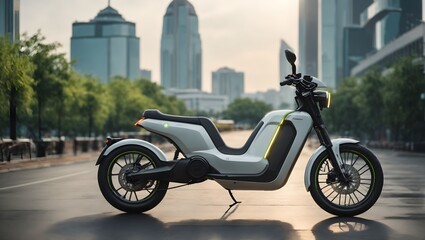 Electric scooter parked in the city. Urban transport concept. 3D Rendering