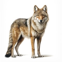 A wolf captured in a photo, vividly set against a pure white background, Ai Generated