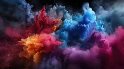 Fototapeta na wymiar Explosive colored powder captured in a closeup, creating an abstract dust splash on a black backdrop, Ai Generated
