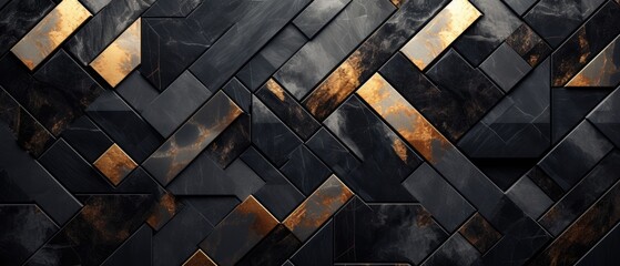 Abstract arrangement of black and gold geometric marble stone tiles, Ai Generated. - obrazy, fototapety, plakaty