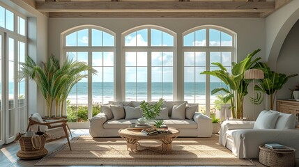 A coastal cottage living room with beachy decor, light tones, and a view of the ocean, evoking a sense of relaxation. 