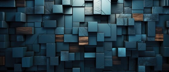 Captivating abstract texture featuring a dark geometric 3D pattern of blue squares and rectangles, adding depth and visual interest to any design, Ai Generated.