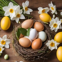 Easter still life with white daffodils and yellow eggs with design . Easter eggs in a nest with flowers on a wooden table. Happy Easter