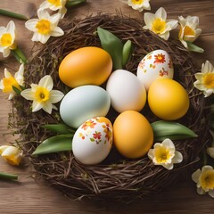 Fototapeta na wymiar Easter still life with white daffodils and yellow eggs with design . Easter eggs in a nest with flowers on a wooden table. Happy Easter