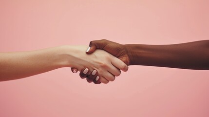 Detailed shot of a handshake, bridging racial diversity, pink background, two women, Ai Generated - obrazy, fototapety, plakaty