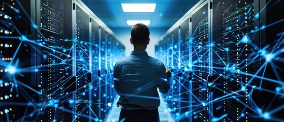 Obraz premium Engineer manager connecting data center in a server room to global networking, Ai Generated