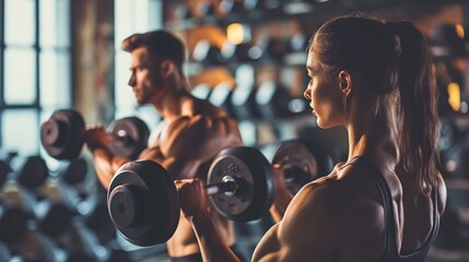 Side view of sporty attractive woman and handsome muscular man lifting weights in the gym. copy space for text. - obrazy, fototapety, plakaty