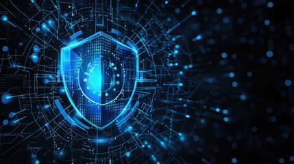 Obraz premium Futuristic cyber security shield guarding against threats on a blue abstract digital glowing background, Ai Generated