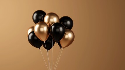 Cluster of black and golden balloons against a vibrant brown backdrop, Ai Generated