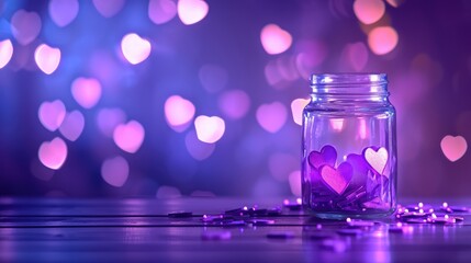 Purple glowing hearts around a jar create a romantic Valentine backdrop, Ai Generated