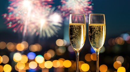 Champagne glasses against the backdrop of night city fireworks, Ai Generated
