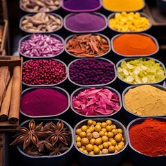 Fototapeta na wymiar Colorful spices and herbs on display at a market in India.AI.