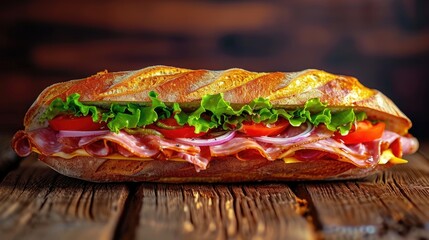 Submarine sandwich with ham or jamon, cheese, lettuce, tomatoes, onion, mortadella, and sausage on a rustic wooden table, a savory delight, Ai Generated.