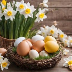Easter still life with white daffodils and yellow eggs with design . Easter eggs in a nest with flowers on a wooden table. Happy Easter