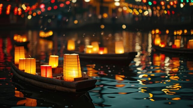 Row boats adorned with Chinese lanterns, gently floating on water, Ai Generated