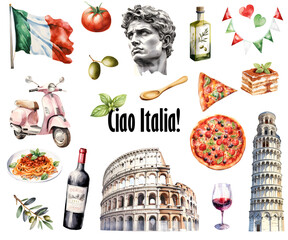 Watercolor Italy symbols. Italy travel icons. Italian element, food cultural symbol. Travel to Italy