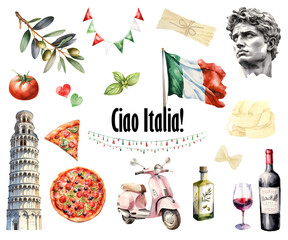 Watercolor Italy symbols. Italy travel icons. Italian element, food cultural symbol. Travel to Italy