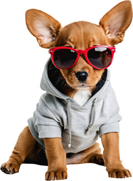 A cute puppy wearing sunglasses and a simple gray hoodie on a transparent background