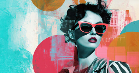  Retro Style Pop Art Portrait. A stylized female figure with bold red sunglasses is set against a...