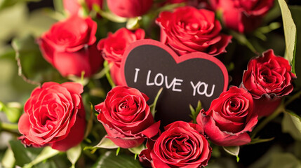 Romantic Gesture with Red Roses. A bouquet of vivid red roses features a heart-shaped sign with the words "I Love You,"