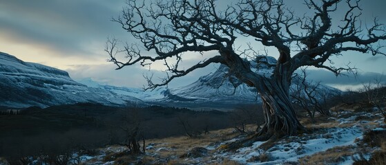 A dry tree stands in the mountains