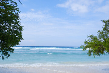 Calm beachfront with clear blue waters, sky, and lush trees.