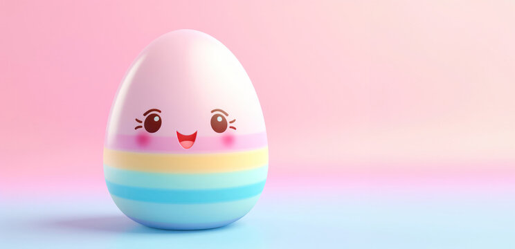 Cute Kawaii-Styled Easter Egg. A playful Easter egg with a smiling face and pastel stripes rests on a soft pink and blue gradient background