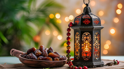Fototapeta na wymiar Ramadan food and drinks concept. Ramadan Lantern with Arabian lamp. generative Ai